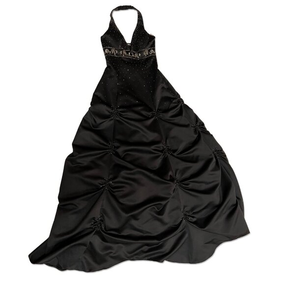 Vintage Jump Apparel Gown Halter Beaded Bodice Black Satin Ball Gown Size 5/6 - Picture 8 of 8